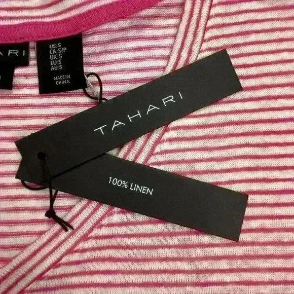 Tahari NWT Womens Small Pink White Striped 100% Linen Top Capped Sleeves V-Neck - Picture 7 of 11
